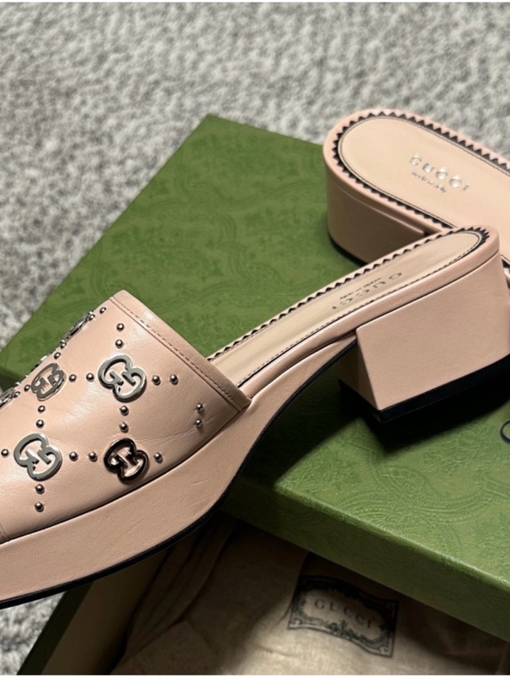 Gucci Blush Pink Studded GG Block Heel Slide Mules - Picture 3 of 5
